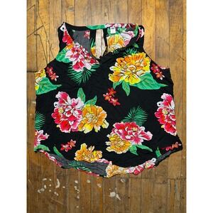 Old Navy Tank Top Women 2XL Black Floral Viscose Sleeveless Keyhole Back Comfort